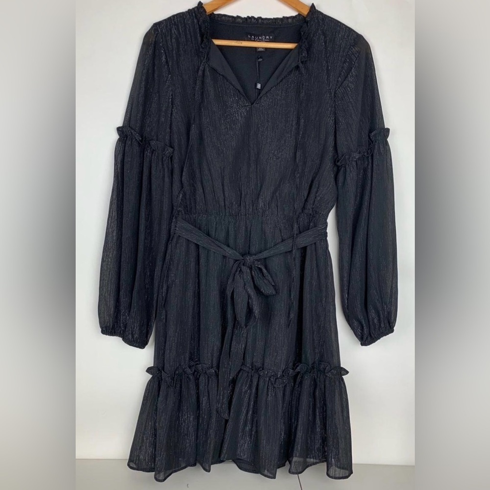 Laundry By Shelli Segal Black Shimmer Long Sleeve Ruffle Dress
